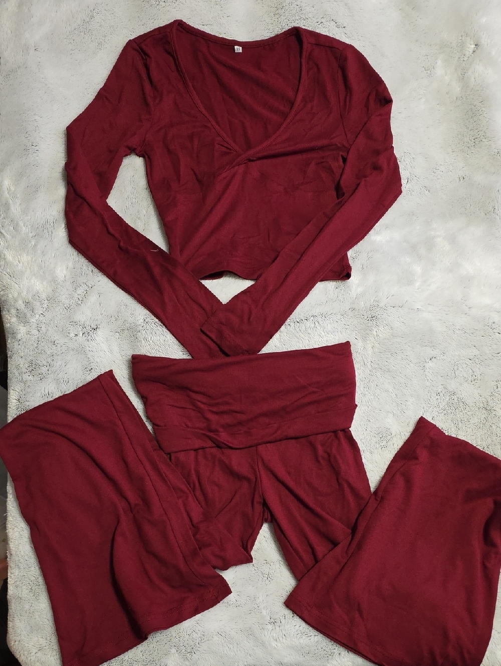 Women's Burgundy V-Neck Long Sleeve Top & Fold-Over Waist Pants Set